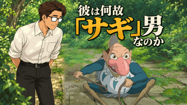 石畳で笑う青サギと、前景で上体を傾けて観察するシフル。彼は何故「サギ」男なのか