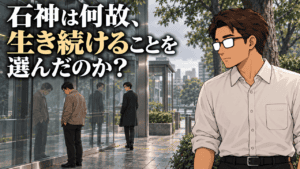 『容疑者Xの献身』石神の研究者としての老いと隠された動機を考察する、ガラスに映る石神と湯川を見つめるシフルと「石神は何故、生き続けることを選んだのか？」のコピー