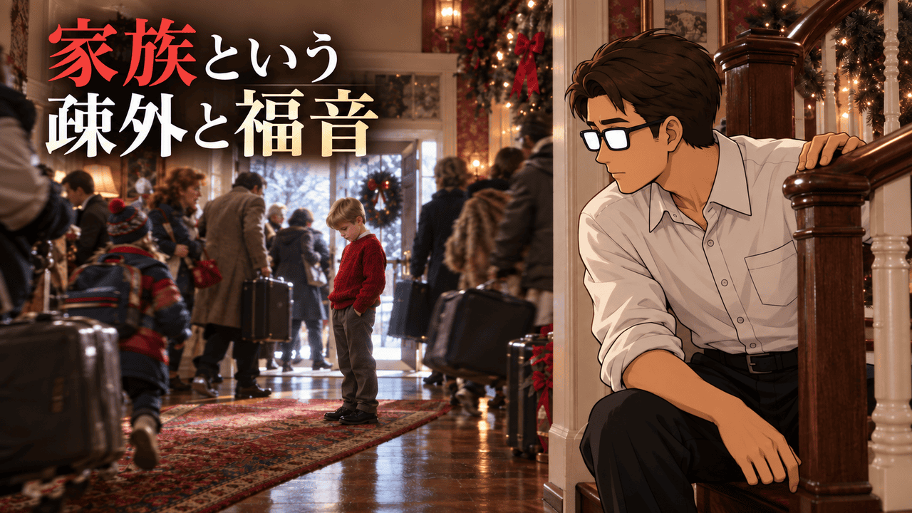 映画「ホーム・アローン」で、旅行に急ぐ家族の中に一人立つ少年を階段から見つめるシフル。「家族という疎外と福音」のコピー