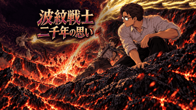 『ジョジョの奇妙な冒険 戦闘潮流』のヴォルガノ島決戦で、エイジャの赤石を掲げるジョセフと波紋を放つカーズを見つめるシフル。「波紋戦士二千年の思い」の文字