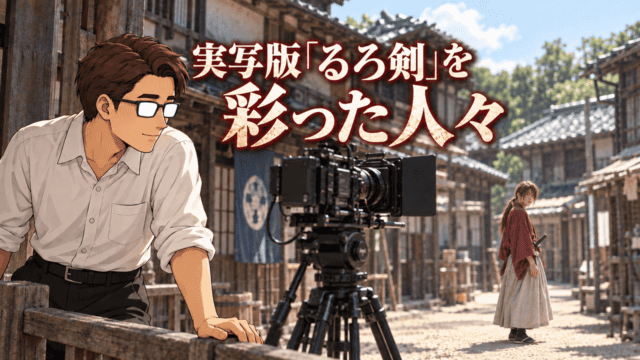 実写映画『るろうに剣心』のキャストとスタッフを紹介する、撮影カメラと剣心役をシフルが見つめる情景。「実写版『るろ剣』を彩った人々」のコピー