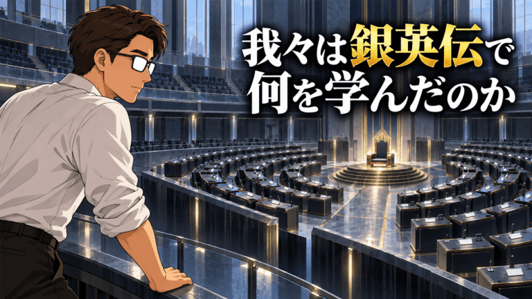 『銀河英雄伝説』の民主主義と専制君主制を考察する、空の議会が中央の玉座へ向く光景を見つめるシフル、「我々は銀英伝で何を学んだのか」のコピー