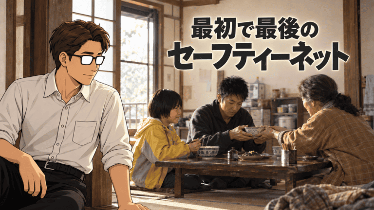 映画『護られなかった者たちへ』の利根・けい・幼いカンちゃんが食卓を囲み、うどんを分け合う様子をシフルが見守る情景。「最初で最後のセーフティーネット」のコピー