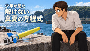映画『真夏の方程式』のあらすじ(ネタバレ)とその考察-恭平は何故巻き込まれたのか- 映画『真夏の方程式』の海辺に置かれた黄色と青のPETボトルロケットをシフルが見つめる情景。「少年が見た 解けない 真夏の方程式」のコピー
