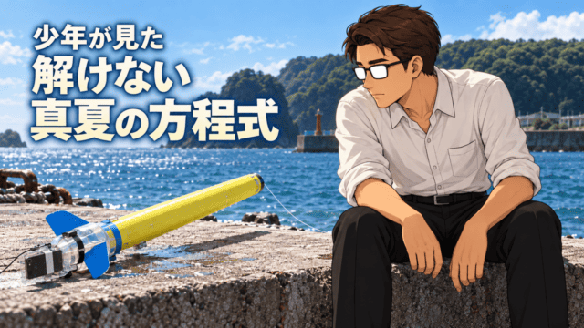 映画『真夏の方程式』の海辺に置かれた黄色と青のPETボトルロケットをシフルが見つめる情景。「少年が見た 解けない 真夏の方程式」のコピー