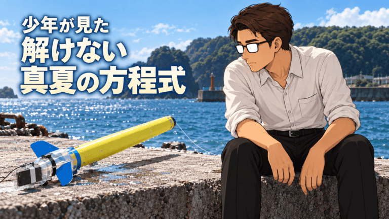映画『真夏の方程式』の海辺に置かれた黄色と青のPETボトルロケットをシフルが見つめる情景。「少年が見た 解けない 真夏の方程式」のコピー