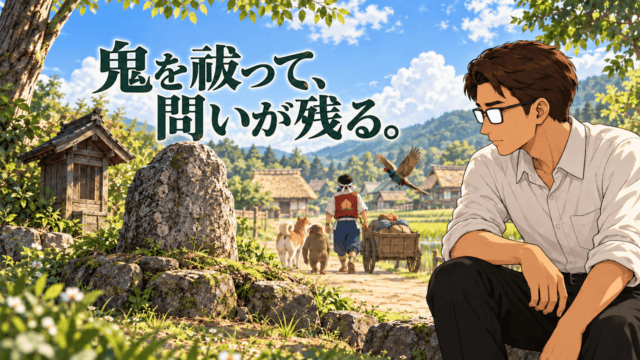 昔話『桃太郎』の鬼退治を問い直す、村へ戻る桃太郎一行と石の塚を見つめるシフル、「鬼を祓って、問いが残る。」のコピー