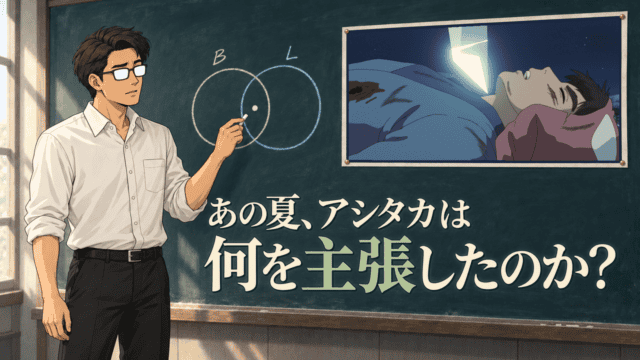 台詞の場面と集合図を見比べ、推論を確かめるシフル。あの夏、アシタカは何を主張したのか?