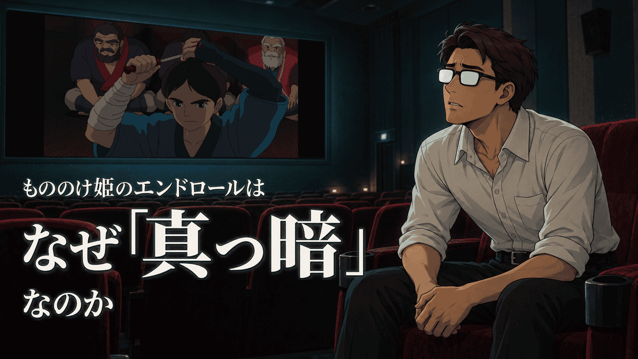 もののけ姫の場面が映る暗い映画館で、映画の結末を考えるシフル。もののけ姫のエンドロールはなぜ真っ暗なのか。