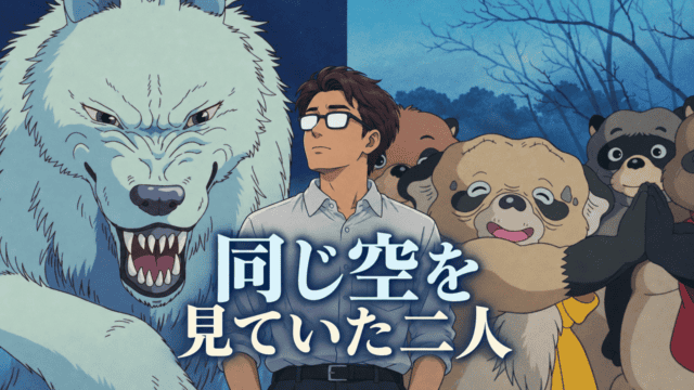 モロの君と鶴亀和尚を左右に配し、中央に白い眼鏡のシフルを描いた、同じ空を見ていた二人と記した、もののけ姫と平成狸合戦ぽんぽこの比較記事のアイキャッチ。