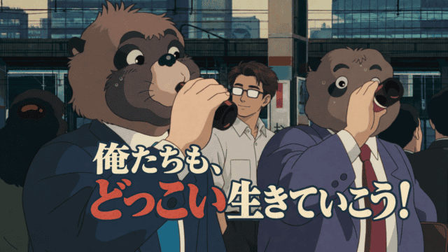 駅のホームで人間の姿をした二匹の狸が飲み物を飲み、シフルがその間で見守る。俺たちも、どっこい生きていこう！と記した平成狸合戦ぽんぽこのアイキャッチ。