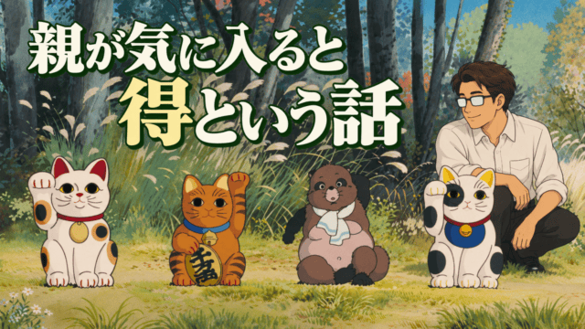 森の草地に並ぶ三つの招き猫と狸を、膝を曲げて微笑みながら見るシフルに、親が気に入ると得という話の文字を重ねた平成狸合戦ぽんぽこのアイキャッチ。