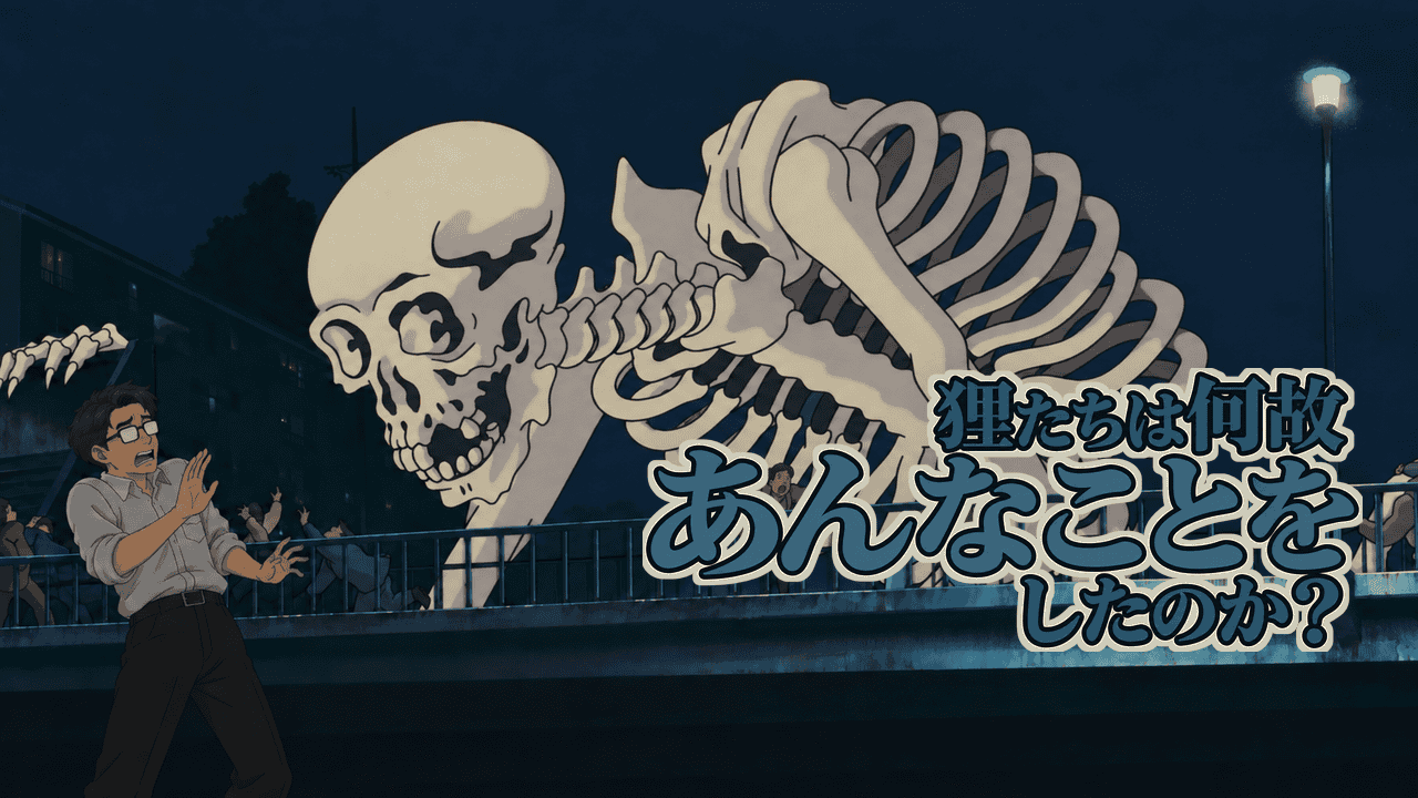 夜の橋に現れた餓者髑髏を見上げ、シフルが怖がって身を引く。狸たちは何故あんなことをしたのか?と問う、平成狸合戦ぽんぽこのアイキャッチ。