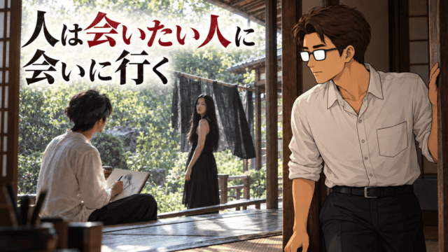 映画『岸辺露伴 ルーヴルへ行く』の古い日本家屋で、若い岸辺露伴が奈々瀬を描く場面を見つめるシフル。「人は会いたい人に会いに行く」のコピー