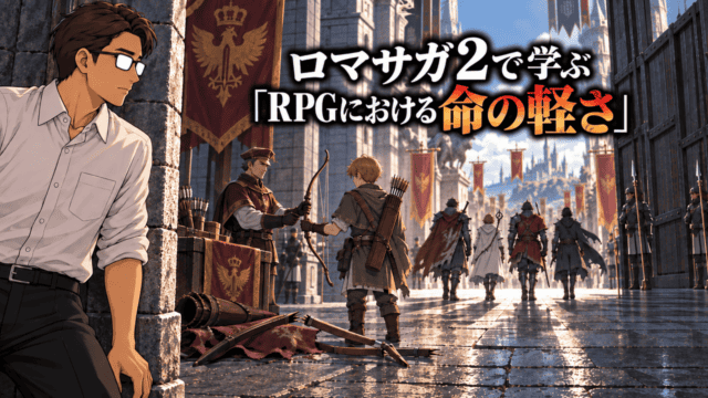 『ロマンシング サガ2』のLPと命の軽さを考察する、壊れた弓と矢筒が残る城門で新たな弓使いへ装備が渡される場面を見つめるシフルと「ロマサガ2で学ぶ RPGにおける命の軽さ」のコピー