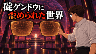 『新世紀エヴァンゲリオン』旧劇場版を考察する、巨大な琥珀色の眼鏡に映る歪んだ世界地図を見つめるシフルと「碇ゲンドウに歪められた世界」のコピー