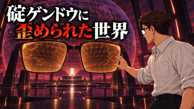 『新世紀エヴァンゲリオン』旧劇場版を考察する、巨大な琥珀色の眼鏡に映る歪んだ世界地図を見つめるシフルと「碇ゲンドウに歪められた世界」のコピー