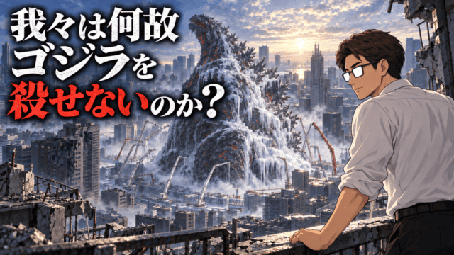 『シン・ゴジラ』を考察する、ヤシオリ作戦後も赤い熱を残して凍結された巨大生物を見つめるシフルと「我々は何故ゴジラを殺せないのか？」のコピー