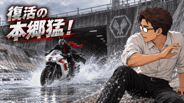 映画『シン・仮面ライダー』の水路をサイクロン号で駆ける本郷猛を振り返るシフル。「復活の本郷猛!」のコピー