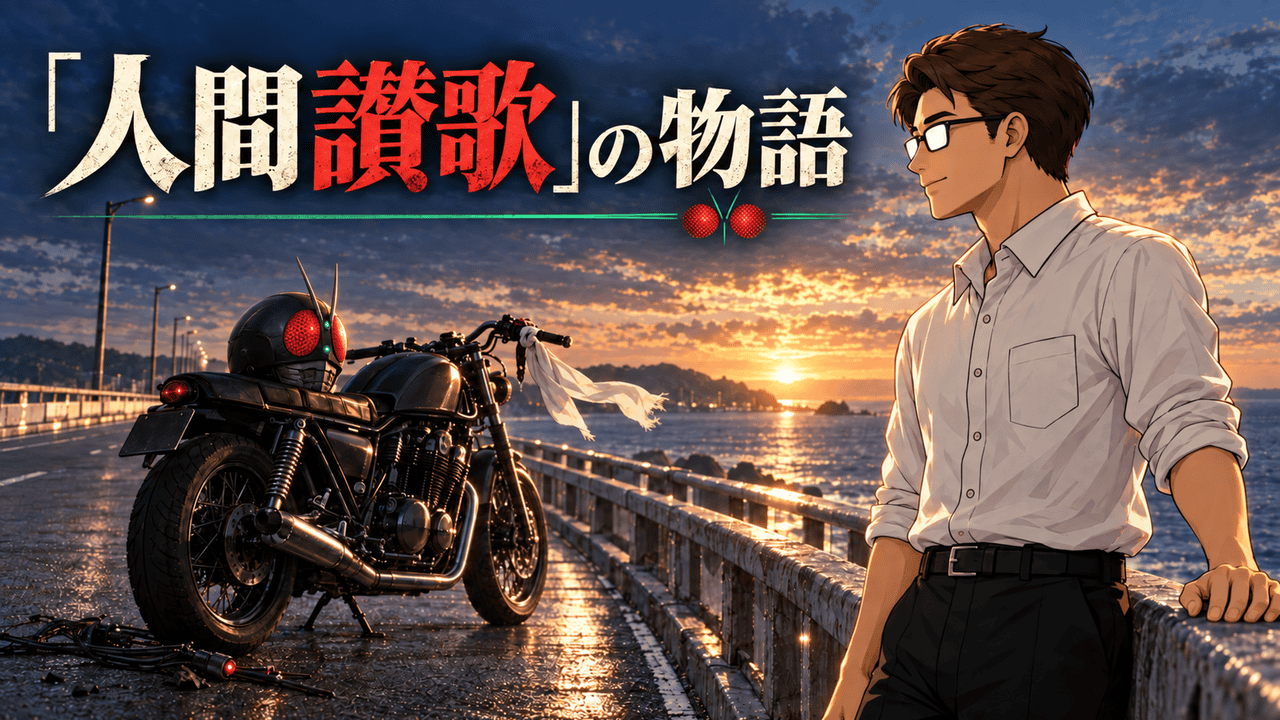 映画「シン・仮面ライダー」考察。夜明けの海岸道路に残されたバイクと仮面を見つめるシフル、「人間讃歌」の物語のコピー
