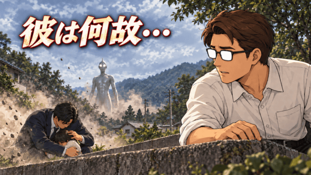 『シン・ウルトラマン』で神永新二が子供をかばう姿と銀色の巨人をシフルが見つめる、「彼は何故・・・」のコピー