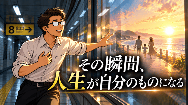 地下通路で、運営者アバターが明るい海辺の家族の未来へ手を伸ばす『8番出口』考察のアイキャッチ