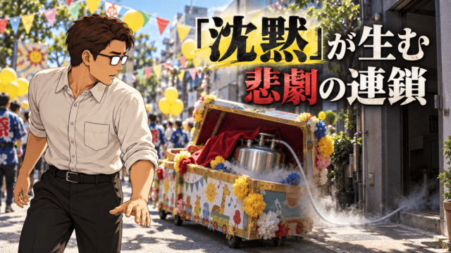 映画『沈黙のパレード』の祭りで、宝箱に隠された液体窒素タンクを見つめるシフル。「『沈黙』が生む悲劇の連鎖」のコピー
