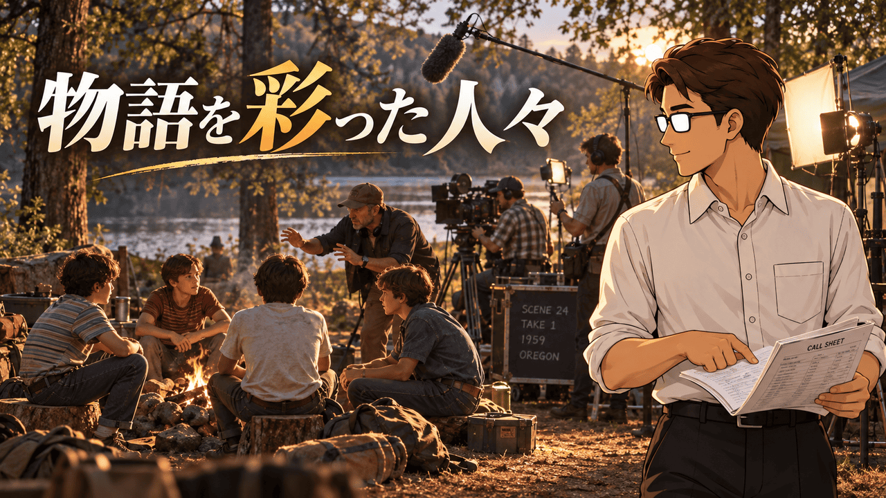 映画「スタンド・バイ・ミー」の撮影現場で四人の少年役とスタッフを見つめるシフル。「物語を彩った人々」のコピー