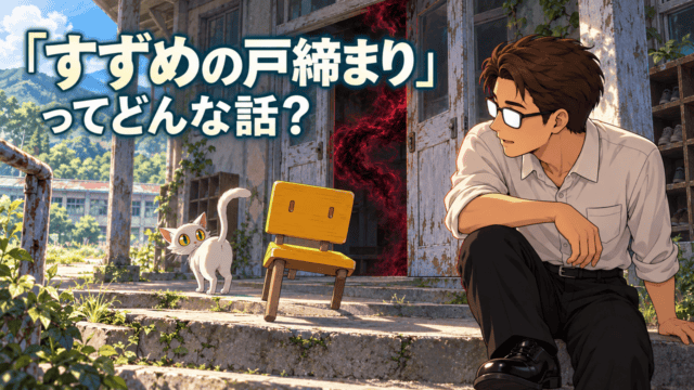 『すずめの戸締まり』のあらすじを表す、廃校の後ろ戸に赤黒いミミズが現れ、三本脚の黄色い椅子になった草太と白猫ダイジンをシフルが見つめる情景。「「すずめの戸締まり」ってどんな話？」のコピー