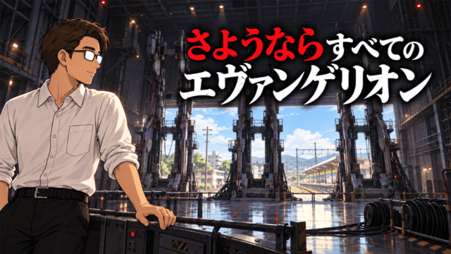 『シン・エヴァンゲリオン劇場版:||』完結の感想を表す、空になった拘束架の先に普通の駅を見つめるシフル、「さようならすべてのエヴァンゲリオン」のコピー