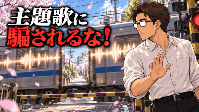 『秒速5センチメートル』の結末を考察する、主題歌の音の波をまとった通過電車の向こうに春の道を見つめるシフル、「主題歌に騙されるな！」のコピー