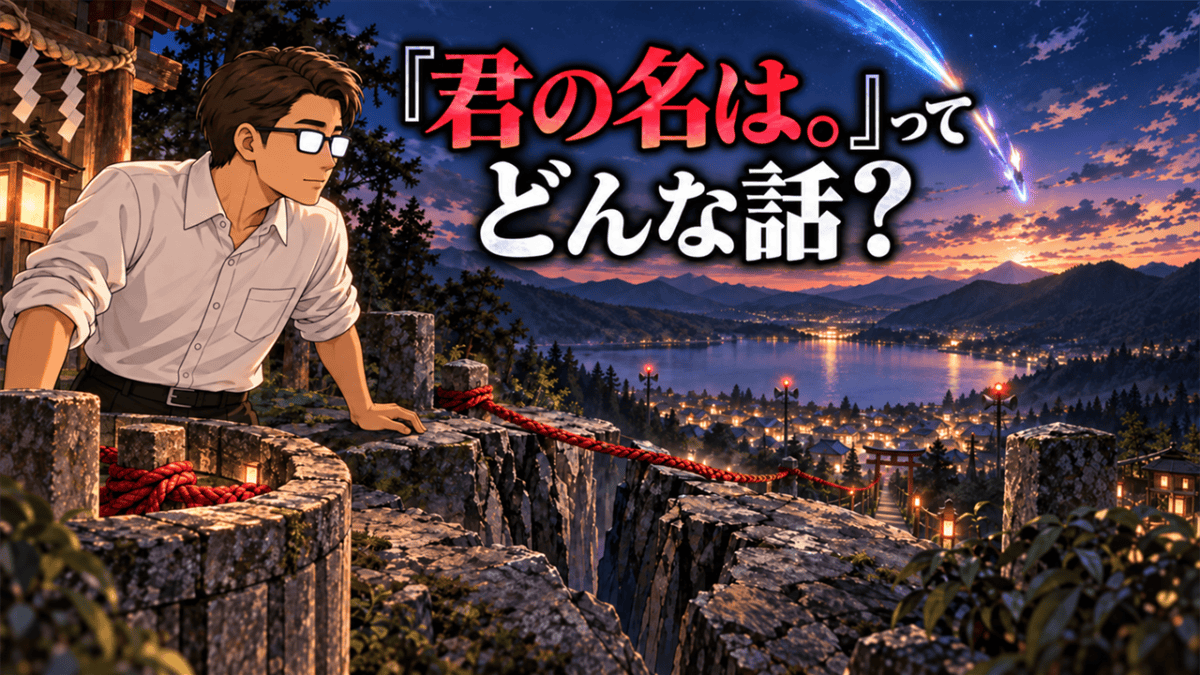 『君の名は。』の物語を解説する、赤い組紐が岩の裂け目を越えて彗星下の糸守町へ続く光景を見つめるシフル、「君の名は。ってどんな話？」のコピー