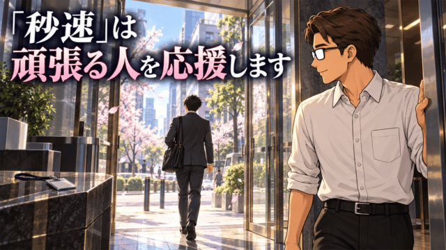 『秒速5センチメートル』を前向きに考察し、会社を辞めて新たな一歩を踏み出す男性を見送るシフルと「『秒速』は頑張る人を応援します」のコピー