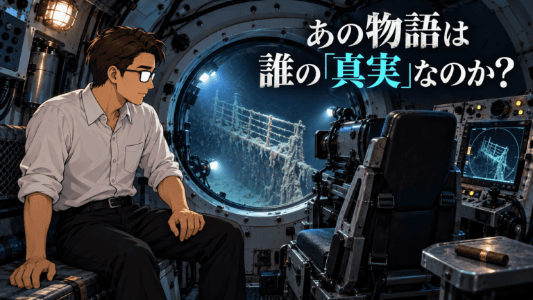 映画『タイタニック』のブロック・ロベットとジェームズ・キャメロンの共通点を、潜水艇の探査機器と撮影カメラ、沈没船を見つめるシフルで表現
