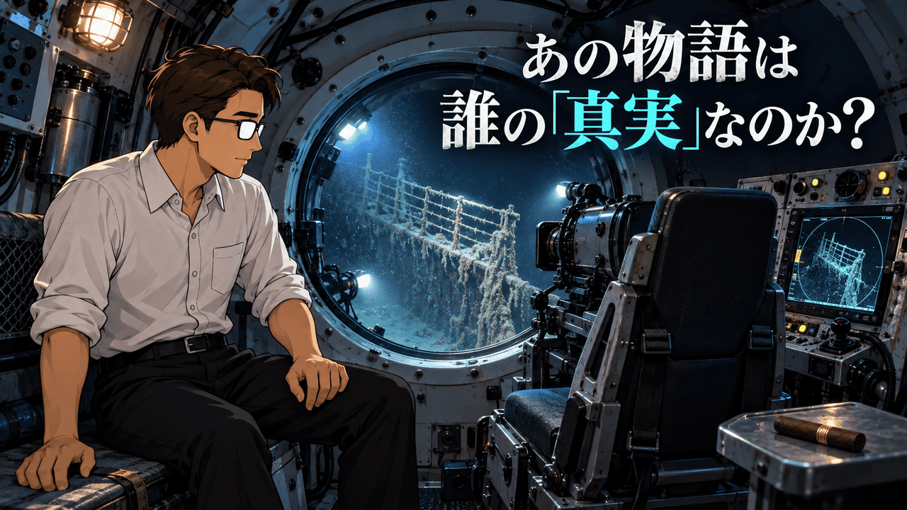 映画『タイタニック』のブロック・ロベットとジェームズ・キャメロンの共通点を、潜水艇の探査機器と撮影カメラ、沈没船を見つめるシフルで表現