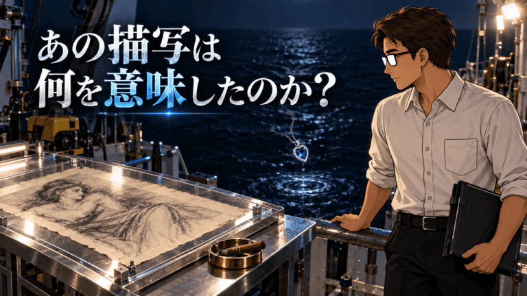 映画『タイタニック』の碧洋のハートを海へ返す意味を、ジャックの絵、ロベットの葉巻、海へ落ちる青い宝石を見つめるシフルで表現