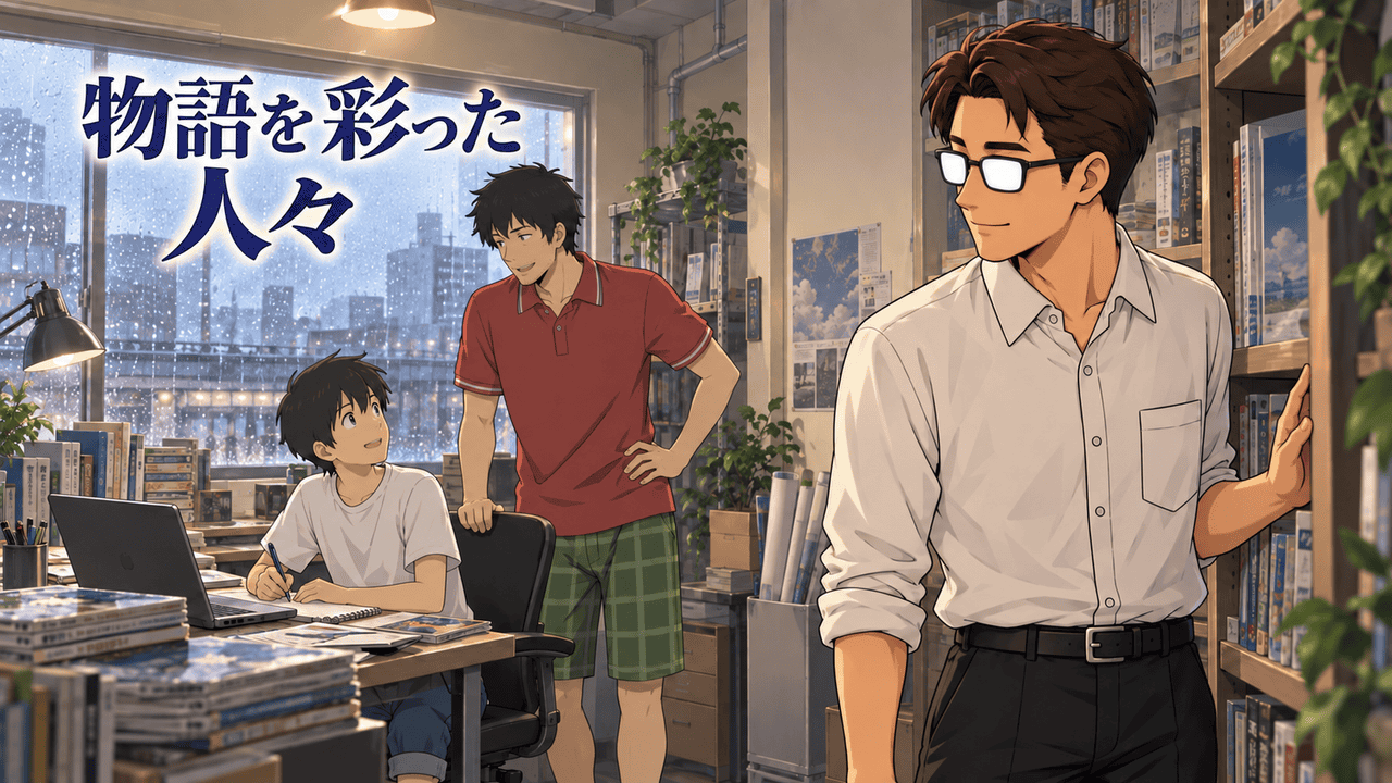 『天気の子』の登場人物を紹介する、雨の日の編集事務所で働く帆高に圭介が寄り添い、シフルが見守る情景。「物語を彩った人々」のコピー
