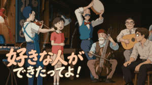 『耳をすませば』のあらすじ(ネタバレ)・考察と解説・人物相関図 工房で天沢聖司がヴァイオリンを弾き、月島雫が歌う。大人たちが合奏し、右手前のシフルが座って聴いている。好きな人ができたってよ!というコピーを配したアイキャッチ。