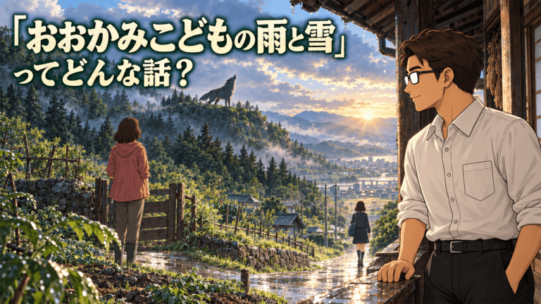 「おおかみこどもの雨と雪」のあらすじ。雨が狼として山へ向かい、雪が人として町へ進む別れを見守る花とシフル、「おおかみこどもの雨と雪ってどんな話？」のコピー
