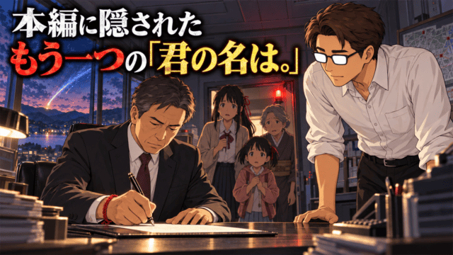 『君の名は。』で町長が避難指示を出した理由を考察する、赤い組紐を手首に巻いて命令書へ署名する町長と宮水家の三世代を見つめるシフル、「本編に隠されたもう一つの『君の名は。』」のコピー