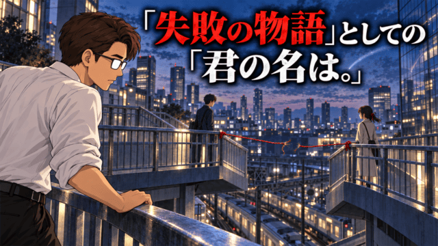 『君の名は。』ラストの再会の意味を考察する、都市の歩道橋で切れた赤い組紐越しに向き合う三葉と瀧を見つめるシフル、「『失敗の物語』としての『君の名は。』」のコピー