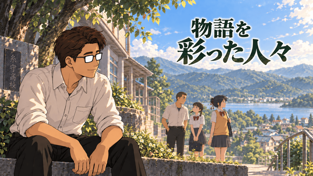 『君の名は。』の登場人物・三葉、勅使河原、早耶香が糸守の学校に集まり、その関係をシフルが見つめる情景と「物語を彩った人々」のコピー