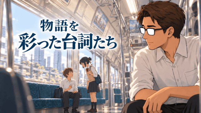 『君の名は。』の名言・台詞を紹介する、電車内で瀧に声をかける三葉と、そのやり取りを見つめるシフル。「物語を彩った台詞たち」のコピー