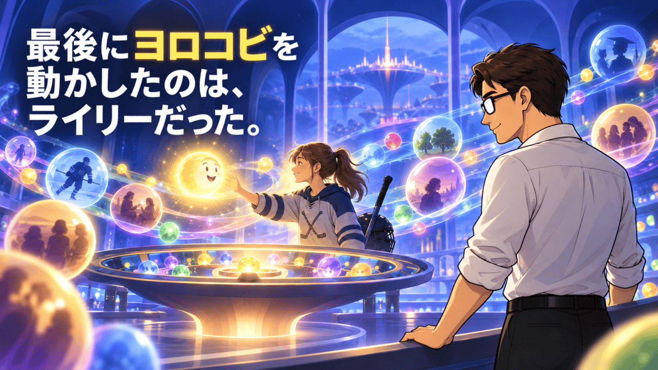 『インサイド・ヘッド2』の考察アイキャッチ。記憶の玉に囲まれた司令部で少女が黄色いヨロコビの光に手を伸ばし、シフルが見守る。「最後にヨロコビを動かしたのは、ライリーだった。」と書かれている。