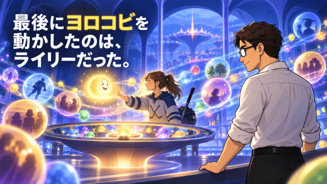 『インサイド・ヘッド2』の考察アイキャッチ。記憶の玉に囲まれた司令部で少女が黄色いヨロコビの光に手を伸ばし、シフルが見守る。「最後にヨロコビを動かしたのは、ライリーだった。」と書かれている。