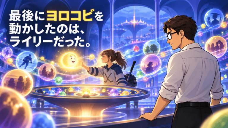 『インサイド・ヘッド２』の考察アイキャッチ。記憶の玉に囲まれた司令部で少女が黄色いヨロコビの光に手を伸ばし、シフルが見守る。「最後にヨロコビを動かしたのは、ライリーだった。」と書かれている。